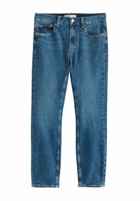 Hubené džíny z modrého denimu, s klasickým pětiokovým designem, měděnými detaily a rovnými nohavicemi s středním pasem.