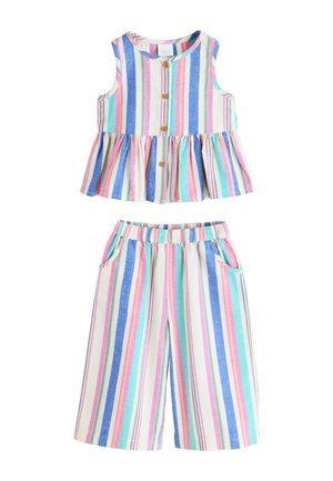 Ujjatlan, gombos elöl felső peplum szegéllyel és hozzáillő, széles szárú, elasztikus derékrészű nadrág, mindkettő függőleges, pasztell csíkokkal kék, rózsaszín és zöld színekben.