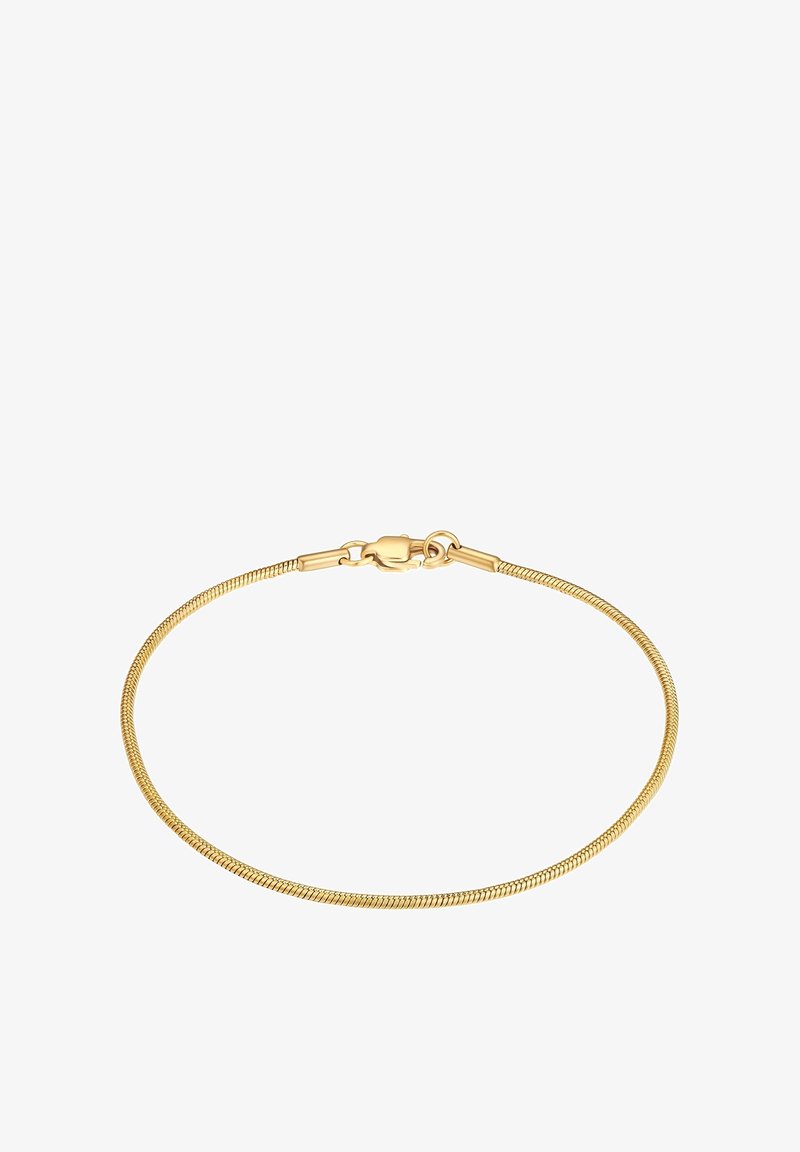 Aukso tonu gyvatės grandinėlė apyrankė su lygiu paviršiumi, turinti saugų užsegimą ir lanksčią, ploną konstrukciją.