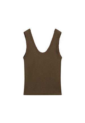 Débardeur sans manches marron avec un décolleté profond et des bords effilochés, vue de face. Texture douce, design simple et décontracté.