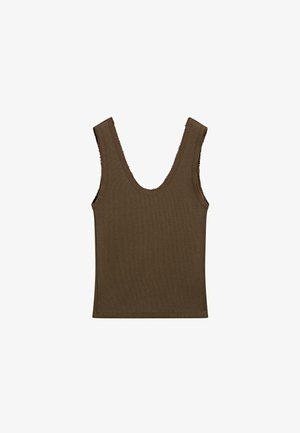 Brauner ärmelloser Tanktop mit tiefem Rundhalsausschnitt und ausgefransten Kanten, Vorderansicht. Weicher Stoff, schlichtes und lässiges Design.