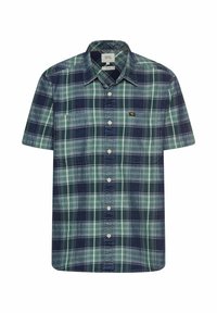 Korte mouwen geruite shirt in groen en marineblauw, met een knoopsluiting aan de voorkant, puntige kraag en zakdetails, gemaakt van een lichtgewicht stof.