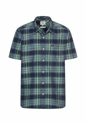 Short-sleeve plaid shirt in green and navy, featuring a button-up front, pointed collar, and pocket details, made from a lightweight fabric.