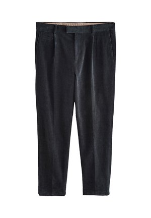 Dunkelgraue Cordhose mit Seitentaschen, Gürtelschlaufen und einem vorderen Reißverschluss, dargestellt vor weißem Hintergrund.