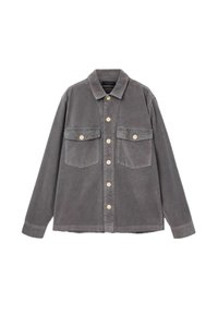 Grijze corduroy overhemdjack met een kraag, twee voorzakken en lichtgekleurde knopen, met lange mouwen en een rechte zoom.