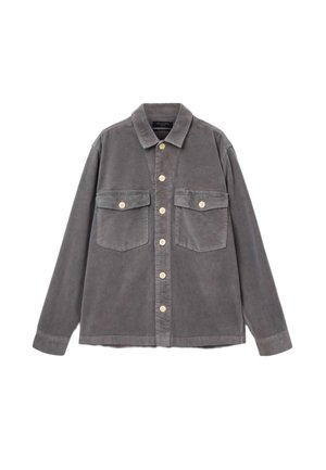 Szara kurtka koszulowa z korduroju z kołnierzykiem, dwoma przednimi kieszeniami i jasnymi guzikami, z długimi rękawami i prostym dołem.