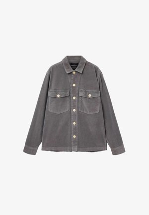 Szara kurtka koszulowa z korduroju z kołnierzykiem, dwoma przednimi kieszeniami i jasnymi guzikami, z długimi rękawami i prostym dołem.