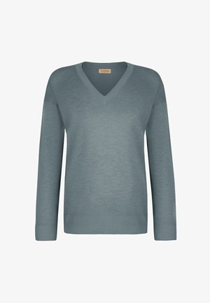 Lyseblå v-hals sweater lavet af blødt stof, med lange ærmer, ribbede manchetter og en glat overflade uden synlige mønstre.