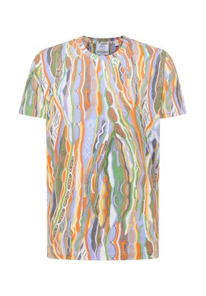 Short-sleeve t-shirt featuring an abstract multicolored pattern with wavy lines in orange, green, and purple on a light background.