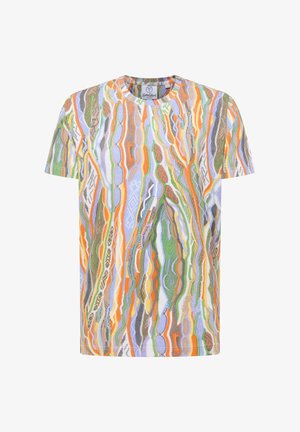 Short-sleeve t-shirt featuring an abstract multicolored pattern with wavy lines in orange, green, and purple on a light background.