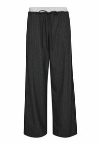 Wide-leg trousers in dark gray fabric with vertical pinstripes, featuring an elastic waistband with drawstring adjustment and smooth texture.