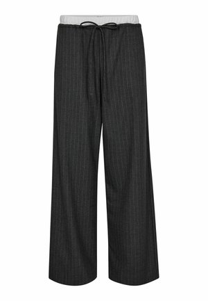 Wide-leg trousers in dark gray fabric with vertical pinstripes, featuring an elastic waistband with drawstring adjustment and smooth texture.