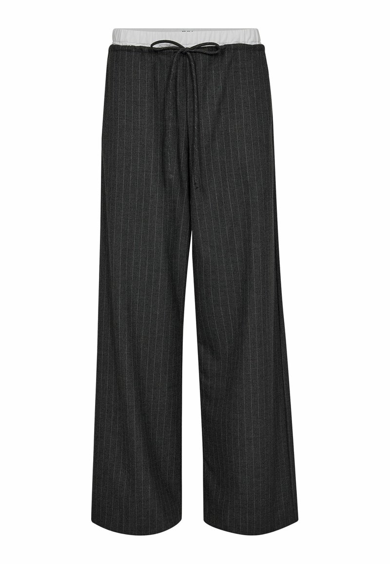 Wide-leg trousers in dark gray fabric with vertical pinstripes, featuring an elastic waistband with drawstring adjustment and smooth texture.