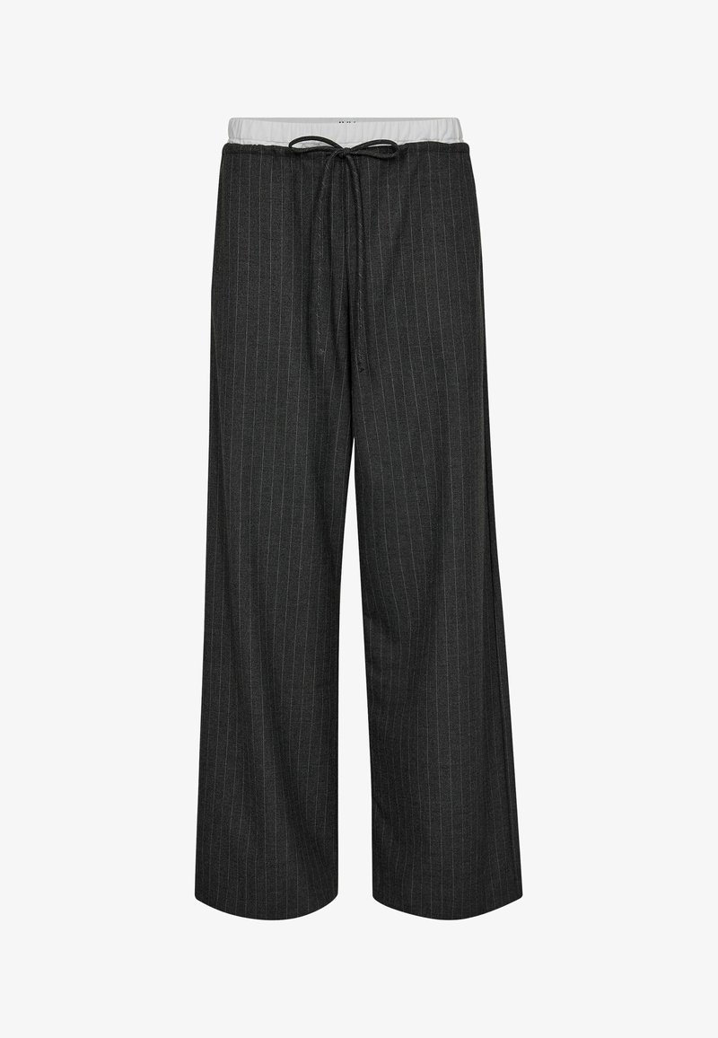 Wide-leg trousers in dark gray fabric with vertical pinstripes, featuring an elastic waistband with drawstring adjustment and smooth texture.
