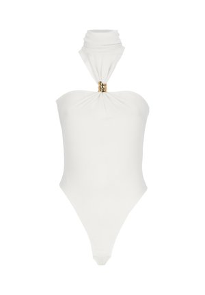 Weißer trägerloser Body mit gerafftem Neckholder und goldenem Ringdetail in der vorderen Mitte.