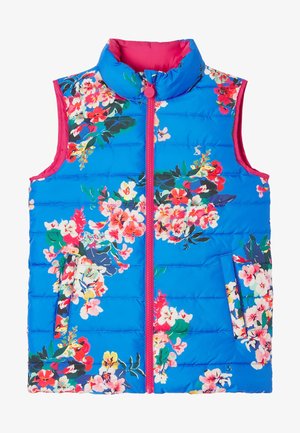 Gestepptes Weste mit einem blauen Blumenmuster, pinken Akzenten, hohem Kragen und einem zentralen Reißverschluss. Verfügt über zwei Seitentaschen zur Aufbewahrung.