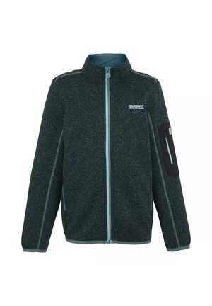 Dunkelgrüne Fleecejacke mit durchgehendem Reißverschluss, hohem Kragen, kontrastierendem Reißverschluss, Reißverschlusstasche am Ärmel und „Regatta Great Outdoors“-Logo auf der Brust.