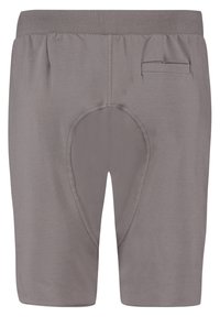 Shorts de cyclisme gris avec une ceinture élastique, une zone de siège rembourrée et une petite poche arrière pour le rangement. Texture du tissu lisse et extensible.