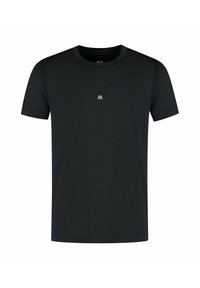 Zwarte T-shirt met korte mouwen van zachte stof. Heeft een ronde halslijn en een klein logo in het midden. Gladde textuur, casual ontwerp.