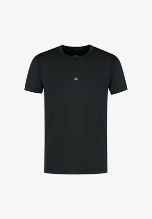 Zwarte T-shirt met korte mouwen van zachte stof. Heeft een ronde halslijn en een klein logo in het midden. Gladde textuur, casual ontwerp.