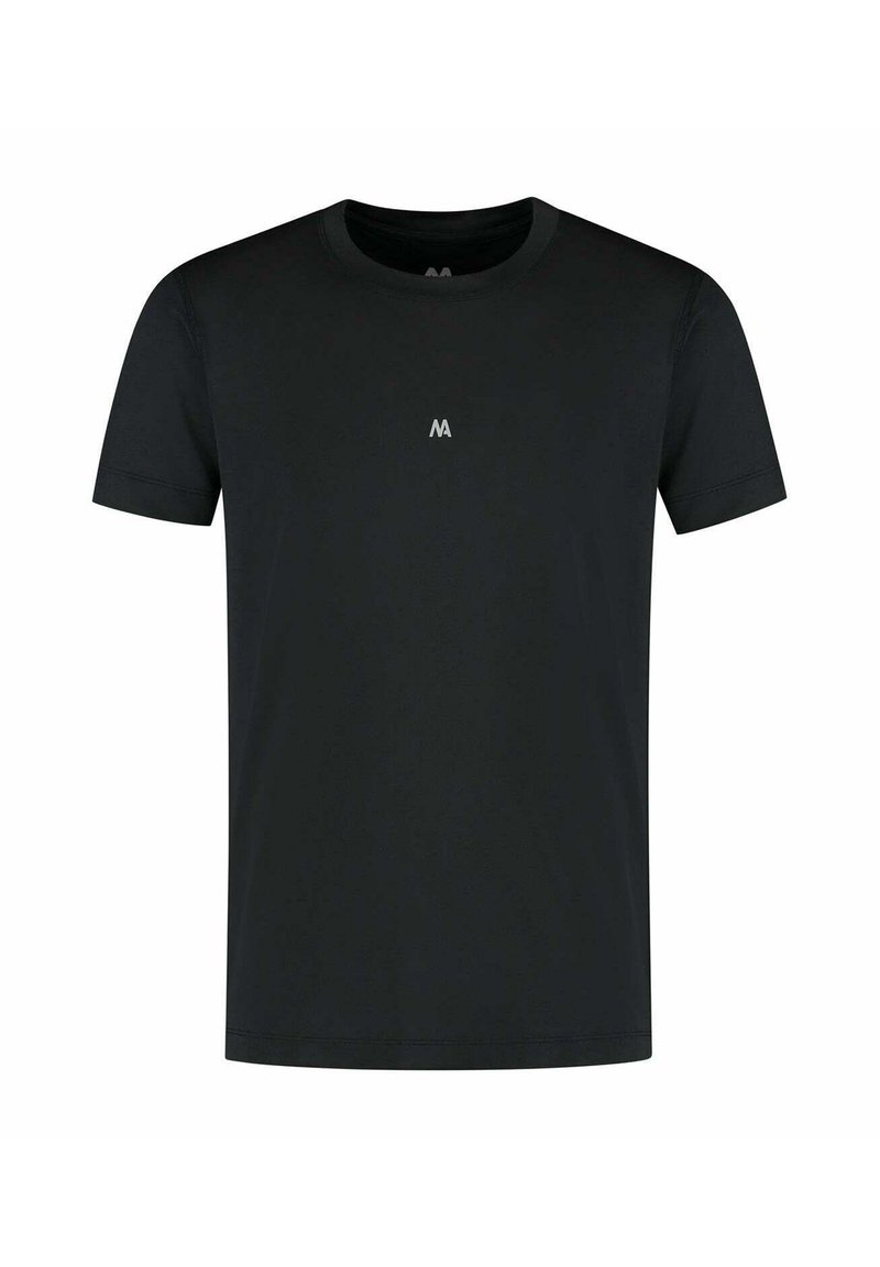 Zwarte T-shirt met korte mouwen van zachte stof. Heeft een ronde halslijn en een klein logo in het midden. Gladde textuur, casual ontwerp.