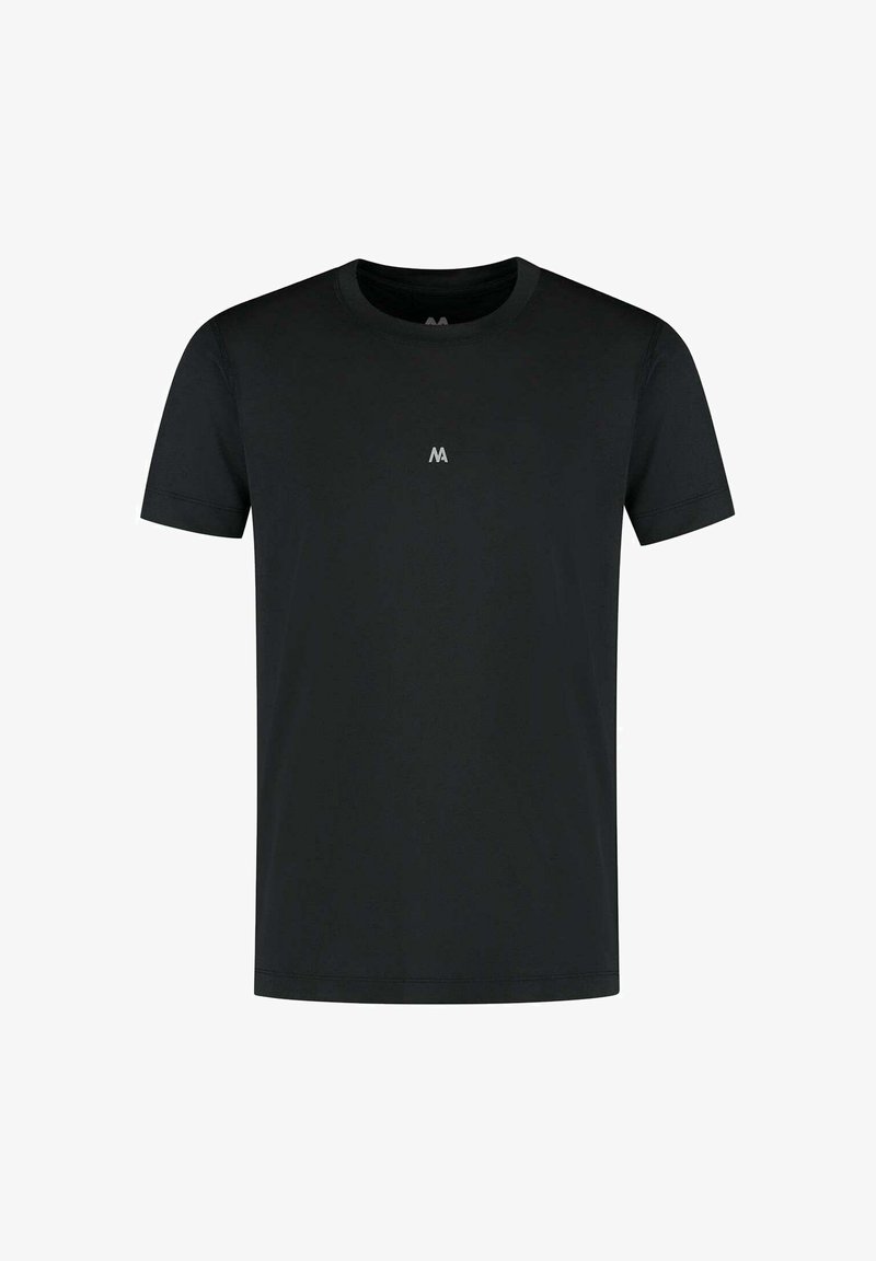 Zwarte T-shirt met korte mouwen van zachte stof. Heeft een ronde halslijn en een klein logo in het midden. Gladde textuur, casual ontwerp.