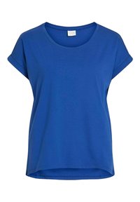 Modré bavlněné tričko s kulatým výstřihem, krátkými ohrnutými rukávy a delším zadním lemem. Hladká textilie, volný střih a viditelná cedulka uvnitř.