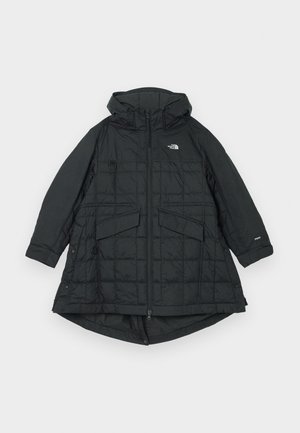 Melna izolēta parka ar kapuci, ar ievelkamu priekšu, lielām kabatām un kviltētu dizainu. Viegls materiāls ar 700 pildījuma jaudu.