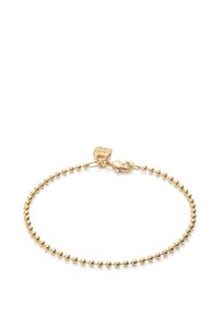 Pulsera de oro con un diseño de cuentas, con un cierre de langosta y una pequeña etiqueta adjunta. Acabado dorado liso en toda la superficie.