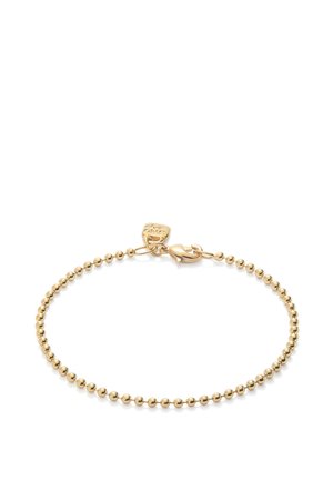 Pulsera de oro con un diseño de cuentas, con un cierre de langosta y una pequeña etiqueta adjunta. Acabado dorado liso en toda la superficie.