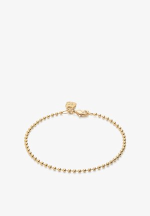 Bracelet en or avec un design perlé, doté d'une fermeture à mousqueton et d'une petite étiquette attachée. Fini lisse en or sur l'ensemble.