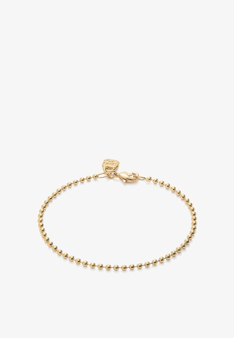 Pulsera de oro con un diseño de cuentas, con un cierre de langosta y una pequeña etiqueta adjunta. Acabado dorado liso en toda la superficie.