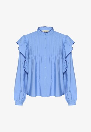 Vaaleansininen napitettavan kauluspaita, jossa on röyhelöhihoja, pleitetty etuosa ja pyöreä kaulus. Valmistettu pehmeästä, sileästä kankaasta, jossa on hienovarainen kiilto.