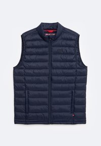 Gilet rembourré marine avec col montant, fermeture éclair avant et deux poches latérales avec un discret détail de logo. Texture lisse et légère.