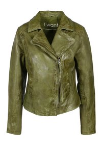 Olivgrüne Leder-Motorradjacke mit Reverskragen, Reißverschluss vorne und strukturiertem Finish. Bietet eine taillierte Passform und Seitentaschen.