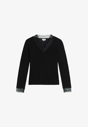 Zwarte langemouwen top met V-hals en kantafwerking op de halslijn en mouwmanchetten, gemaakt van een lichtgewicht stof.
