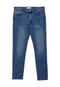 Jeans skinny in denim blu medio, con un classico design a cinque tasche, leggere sfumature e zip con chiusura a bottone.