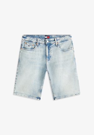 Világoskék, kopott farmer rövidnadrág elöl gombbal, cipzáras sliccel, övbújtatókkal és öt zsebbel, az apró Tommy Hilfiger logóval a kis zsebnél.