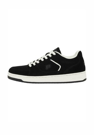 Black suede sneaker with white laces and sole, featuring a textured black logo on the side and a padded ankle for comfort.