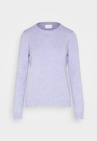 Suéter de punto de manga larga en un suave tono de púrpura con puños, dobladillo y cuello acanalados, mostrado sobre un fondo blanco liso.