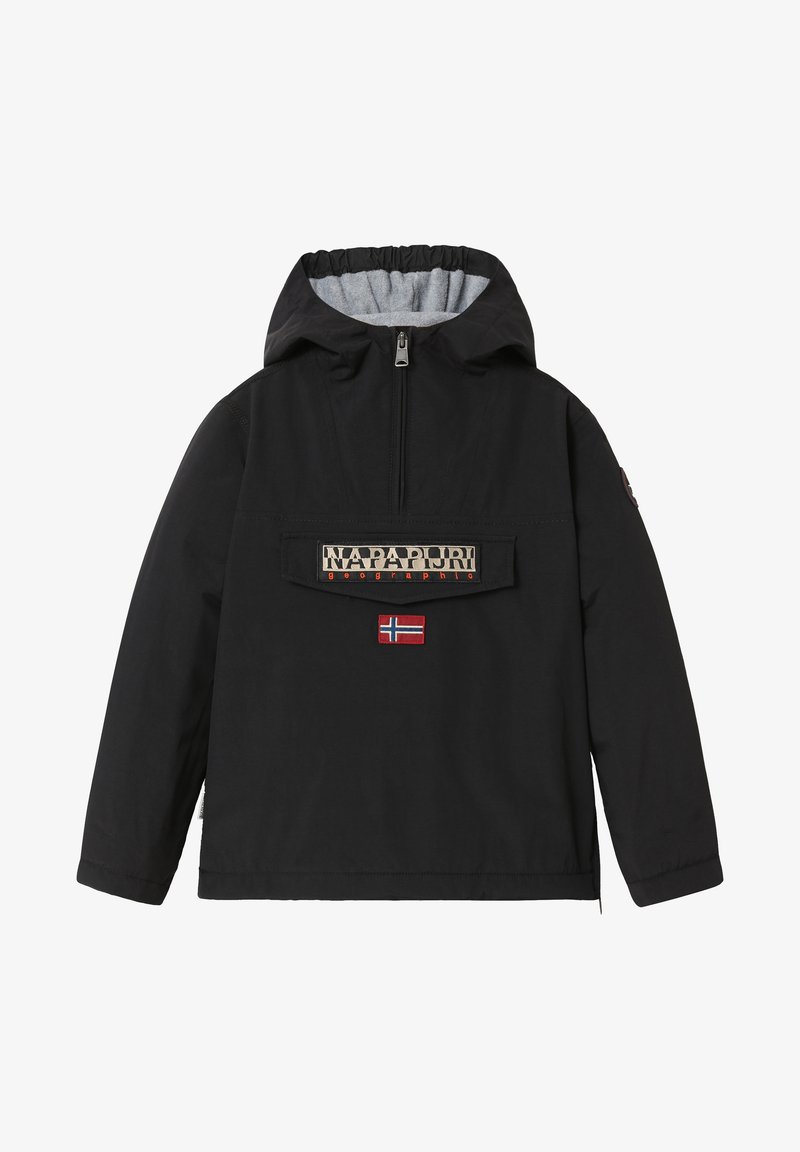 Schwarze Pulloverjacke mit Kapuze, Frontreißverschluss und einem Patch mit der norwegischen Flagge. Hergestellt aus leichtem Material mit einem weichen Innenfutter.