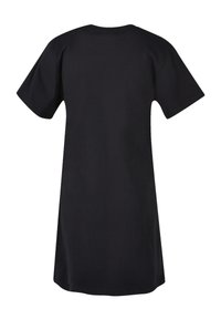 Schwarzes Baumwoll-T-Shirt-Kleid mit kurzen Ärmeln, rundem Halsausschnitt und lockerer Passform, das ein schlichtes Design ohne Muster oder Akzente aufweist.