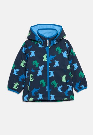 Chaqueta con capucha para niños de color azul marino con patrones de dinosaurios en verde y azul, cremallera frontal, puños elásticos y forro de vellón azul claro en la capucha.