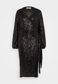Svart omslagklänning med lång ärm, täckt av paljetter, med knytmidja och djup V-halsringning, designad för en smickrande silhuett.