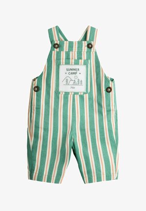 Roheliste ja valgete triipudega beebiülikond oranžide detailide, nööbitavate rihmade ja ees oleva taskulapi kujul, millel on kiri "Suvelaager" koos telgi ja puu graafikaga.