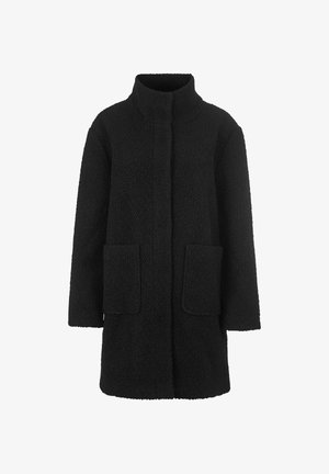 Schwarzer, strukturiert Wollmantel mit hohem Kragen, langen Ärmeln und zwei aufgesetzten Taschen vorne, vor einem weißen Hintergrund gezeigt.