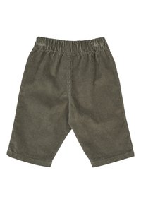 Corduroy shorts in gedempte olijfgroene kleur, met een elastische tailleband, rechte snit en verticale geribbelde textuur. Geen zakken of zichtbare hardware.
