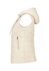 Lichtgewicht, crèmekleurige mouwloze puffer vest met een capuchon, met schuine gestikte panelen en een zijzak met rits.