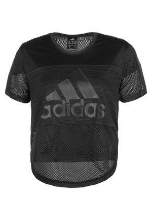 Czarny sportowy T-shirt Adidas z krótkim rękawem z siateczki, z okrągłym dekoltem i dużym, błyszczącym logo Adidas z przodu.
