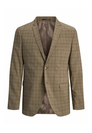 Brun rutig blazer med slagkrage, enkel knäppning och två framfickor. Slät innerfoder i kontrasterande färg.